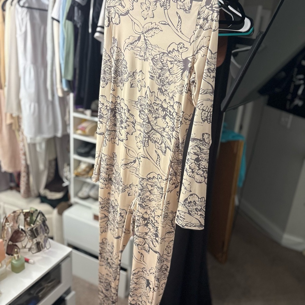 Fashion Nova Floral Print Jumpsuit - Cream and Black